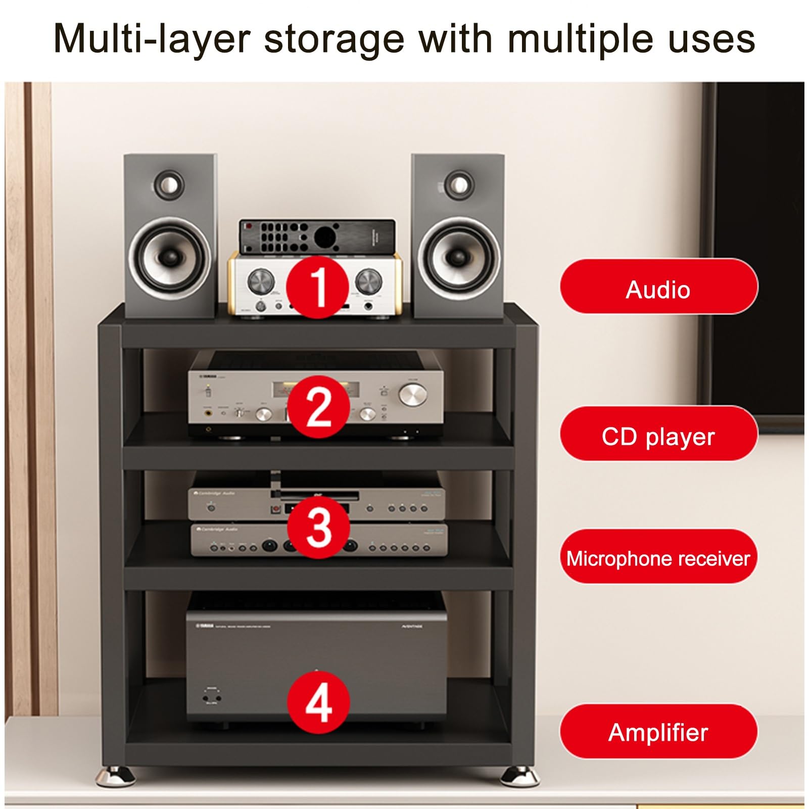 Generico Supporto per Rack Audio HiFi, Supporto multimediale a 2/3/4 Livelli per componenti AV, mobiletto per Giradischi con Piedini ammortizzanti, Nero, 15,7x13,7x13,9 Pollici - Perfetto per l'insta