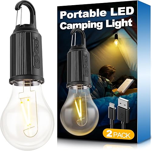 Miniatura 8 de Luces de camping recargablesPaquete de 2Accesorios de equipo de camping, bombillas vintage regulables de 3 vías, bombilla LED de plástico para