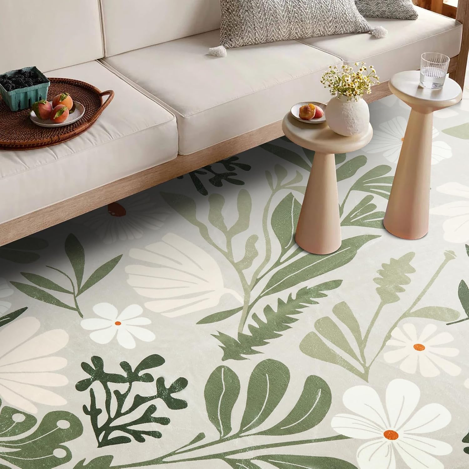 RoomTalks Cute Funky Bedroom Rugs Aesthetic Decor, 5x7 Washable Area Rug Non Slip Sage Green Boho Floral Botanical Rug Modern Abstract Throw Rug Accent Carpet for Living Room Kitchen Entryway Dorm