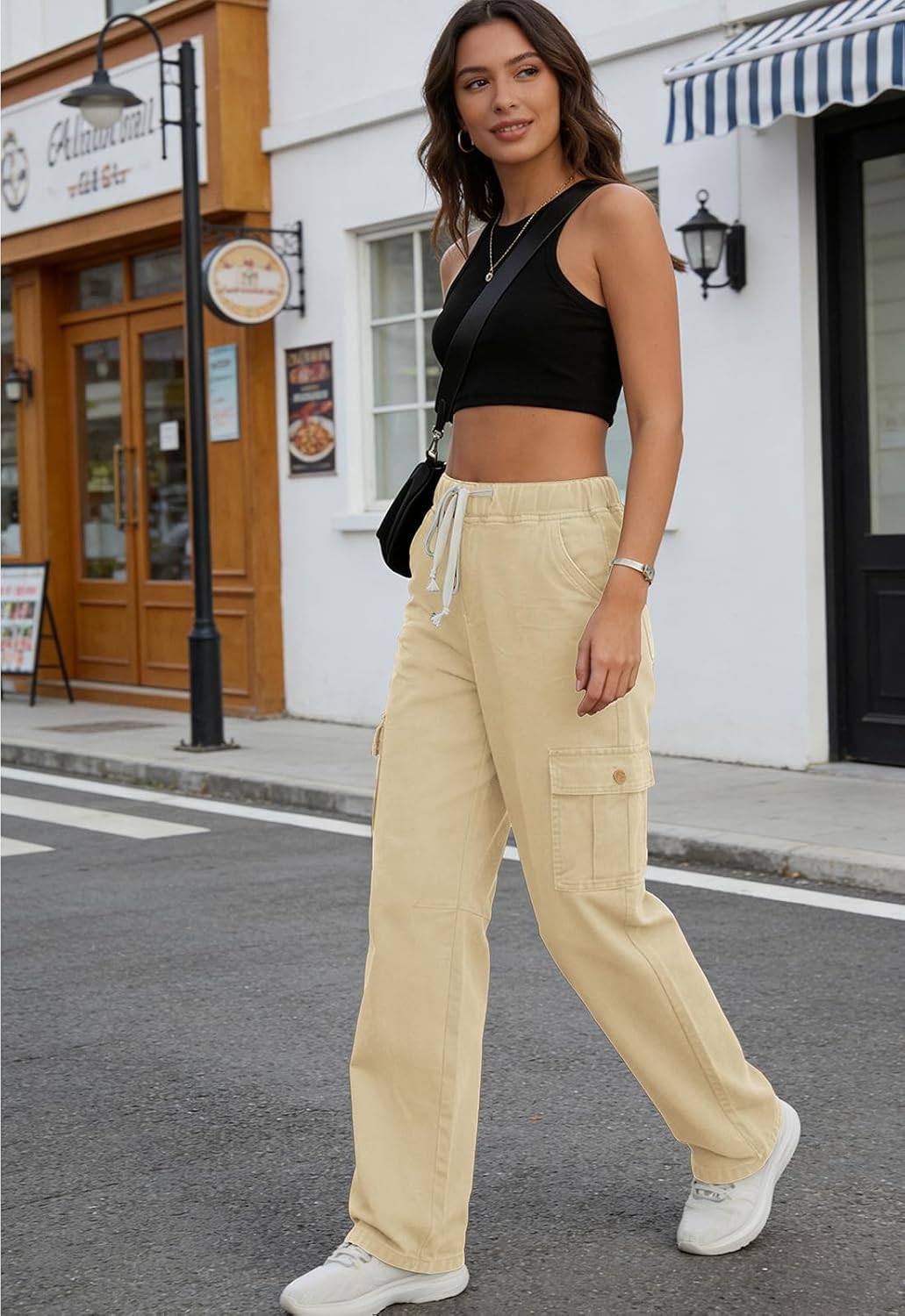 Women Chino Cargo Pants High Waisted Stretchy Fall Pants Women's Drawstring Pull On Trousers - Image 3