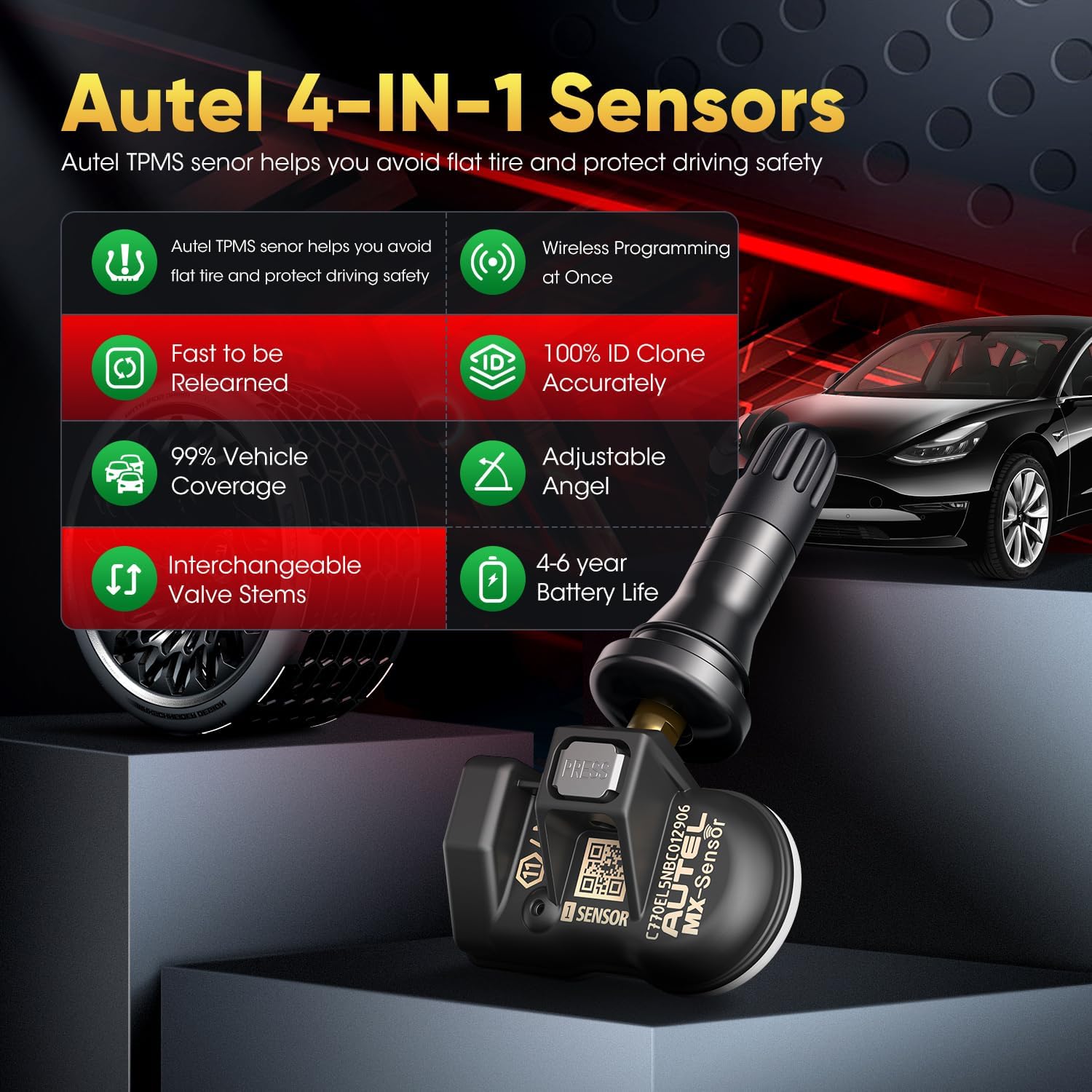 Autel TPMS Sensor Set of 4, MX-Sensor 2in 1 315MHz + 433MHz Press-in TPMS Universal Programmable Sensor, OE-Level 100% Cloneable by Autel TPMS Tool TS408S TS501 PRO TS508 TS508WF (4PCS Rubber Stem)