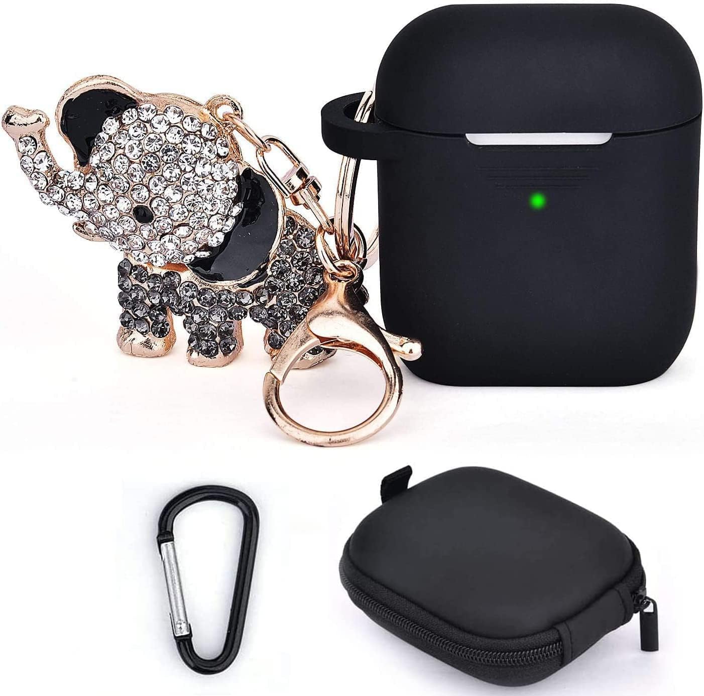 TOROTOP Compatible for Airpods Case Set, Silicone Protective Airpod Case Cover Accessories with Bling Elephant Keychain/Ear Hook/Storage Box Compatible for Apple Airpods 2&1 (Black)