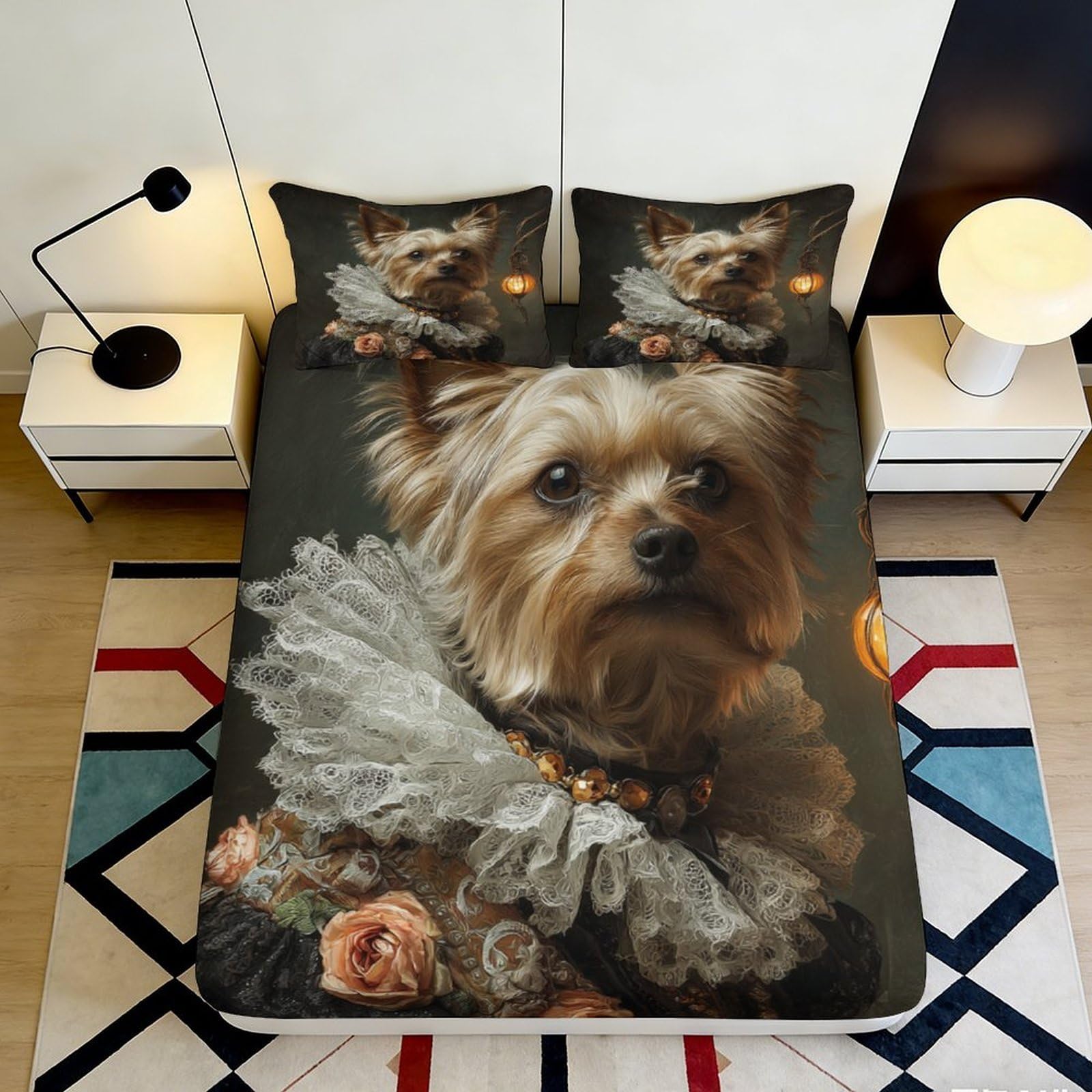 3D Printed Royal Dog Portrait Fitted Sheet Microfiber Soft Bed Cover for Bedroom Dorm Decorative Protection 90x200x25cm