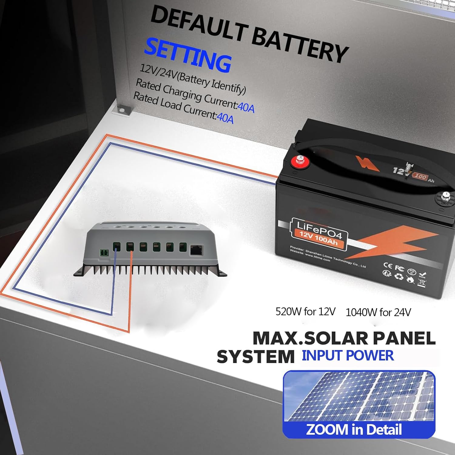 EPEVER 40A 12/24V Auto Identify MPPT Solar Charge Controller with Remote Control of LCD Display Adjustable Parameters and Temperature Sensor Support Lithium