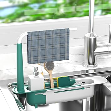 Telescopic Sink Storage Rack Adjustable - Sink Caddy Sponge Holder for kitchen sink with 2 Sponge Green