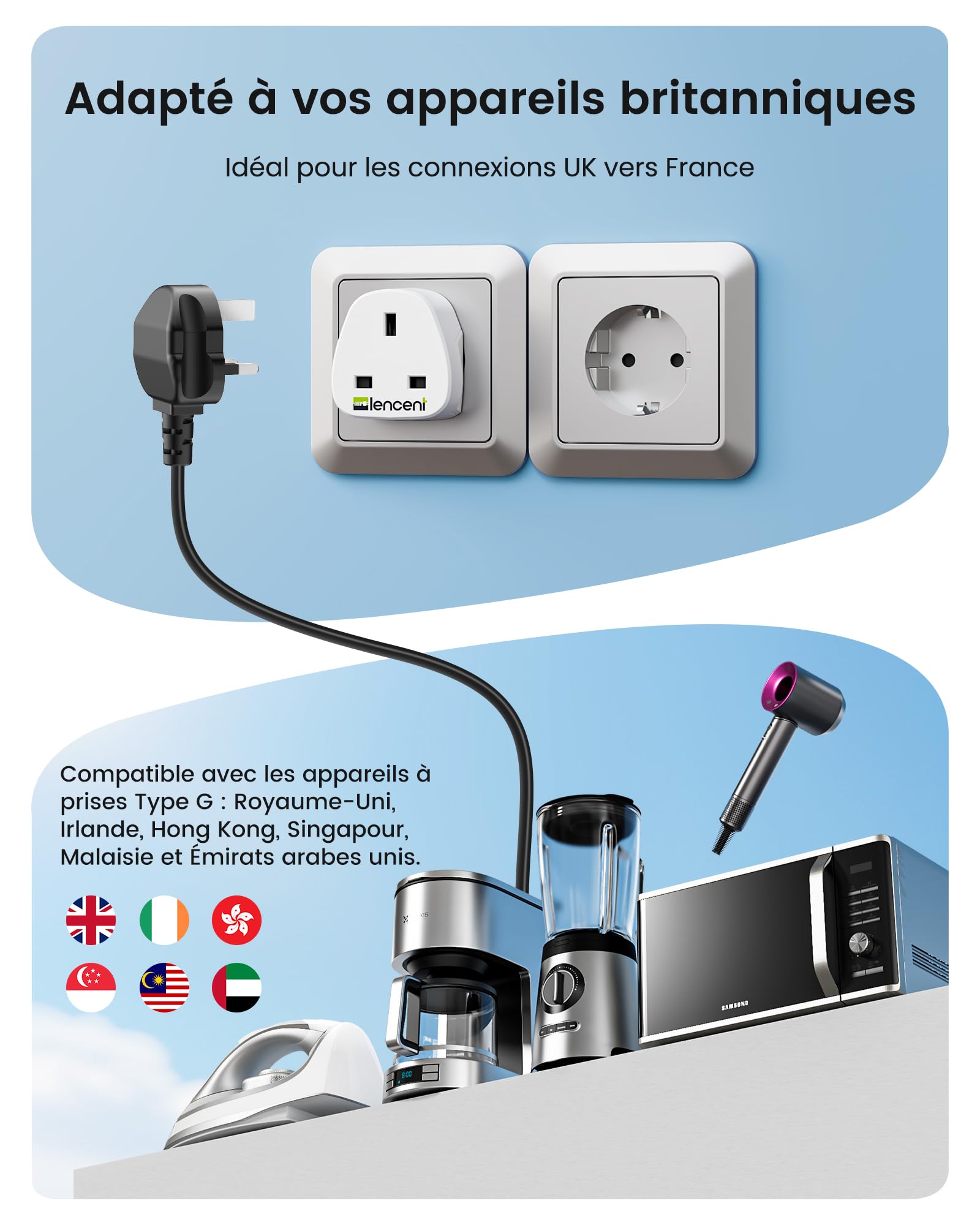 LENCENT Adaptateur Prise UK vers France/Europe, Prise Type G vers Type E, Adaptateur pour appareils électriques Britanniques vers la France, Prise Anglaise vers française 2 Pièces