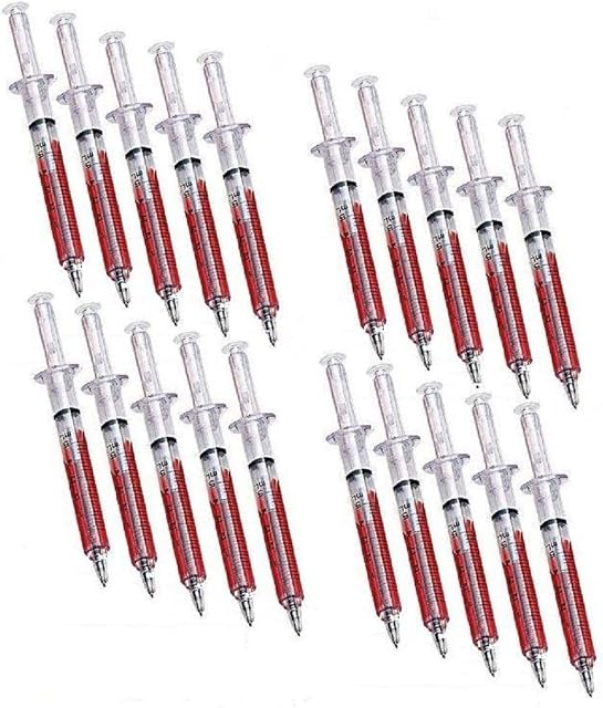 20 Double Value Novelty Blood Syringe Pens Black Ink Bulk Value Pack Now Includes Extra Refills