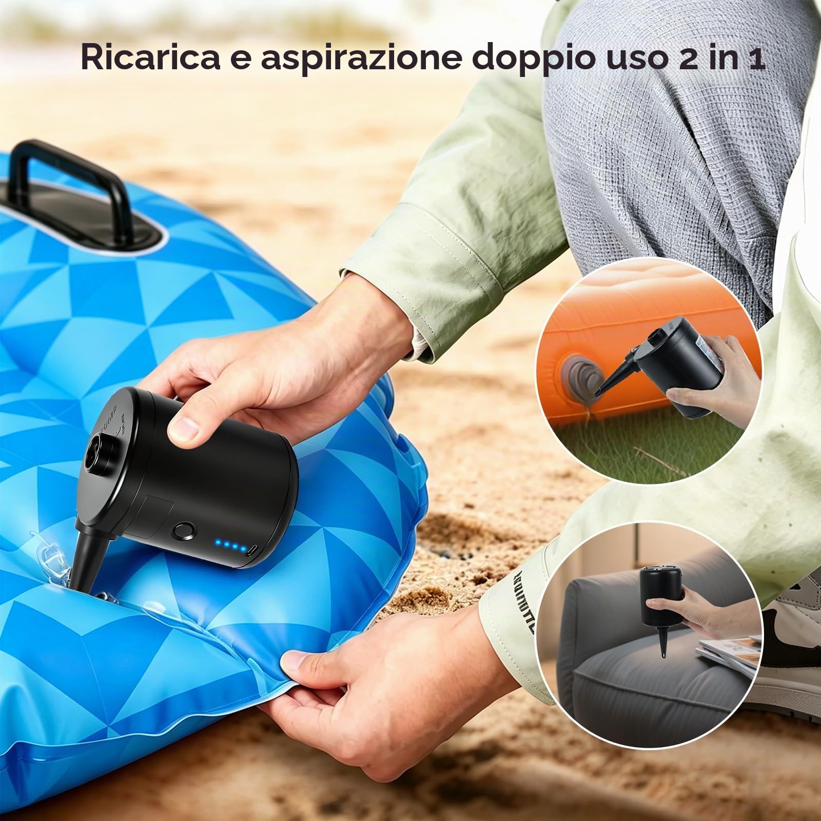 PATEMZON Pompa Elettrica, Pompa Elettrica per Materasso Gonfiabile, 4000mAh Gonfiatore Elettrico Portatile con 3 Ugelli, Gonfiare e Sgonfiare, per il Campeggio All'Aperto, Materasso Ad Aria