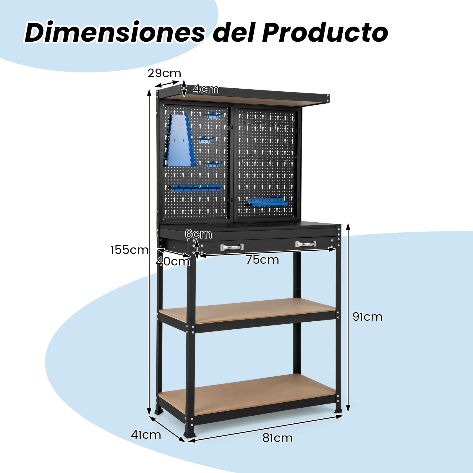 COSTWAY Banco de Trabajo con Tablero Perforado, Banco de Trabajo para Almacenamiento de Herramientas con Estantes y Cajones, 14 Accesorios para Colgar, Mesa de Trabajo para Garaje (Negro y Azul)