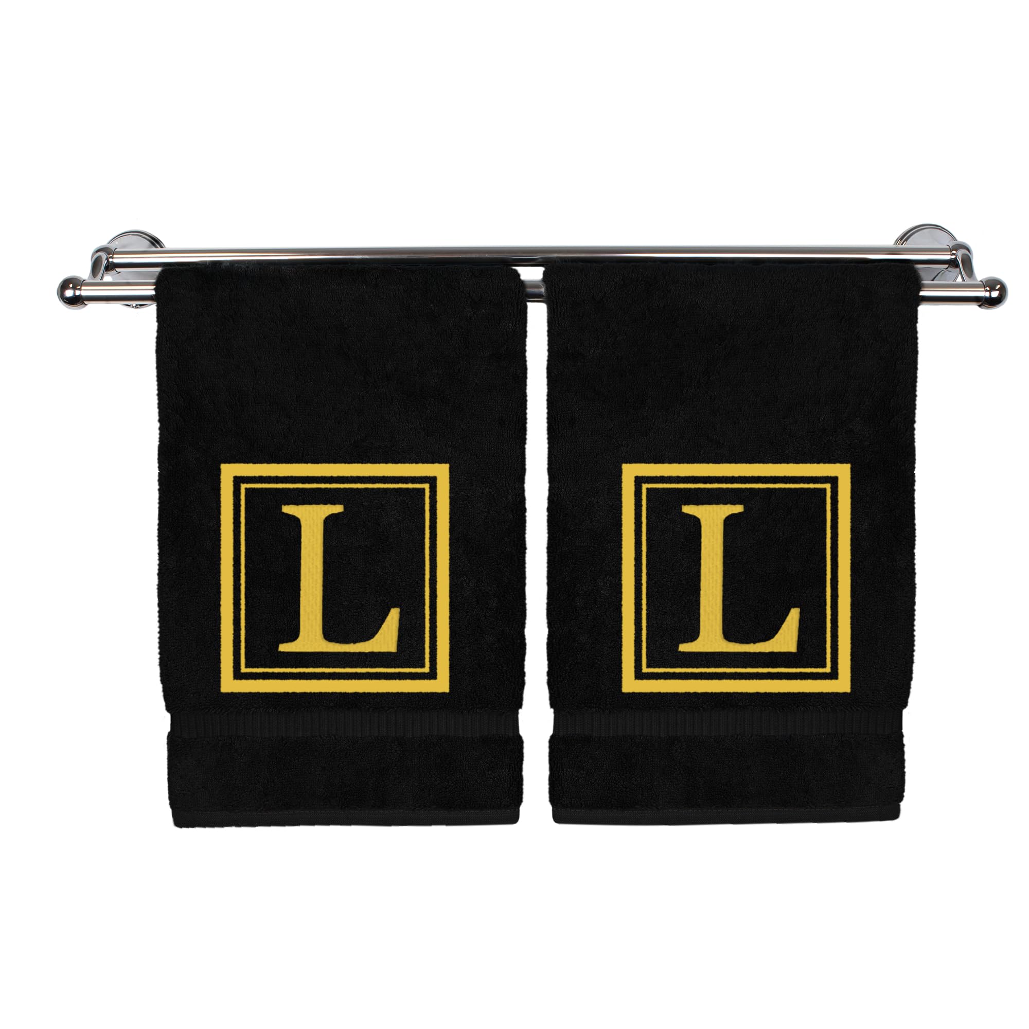 Monogrammed Hand Towel, 16 x 30 Inches Set of 2, Personalized Gift- Gold Letter Embroidered with Square Design on Black Towel - Extra Absorbent - 100%