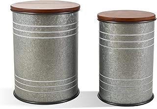 Glitzhome Rustic End Table Set of 2, Farmhouse Galvanized Metal Barrel Ottoman Storage Stool with Round Wood Lid for Living Room Furniture, Grey