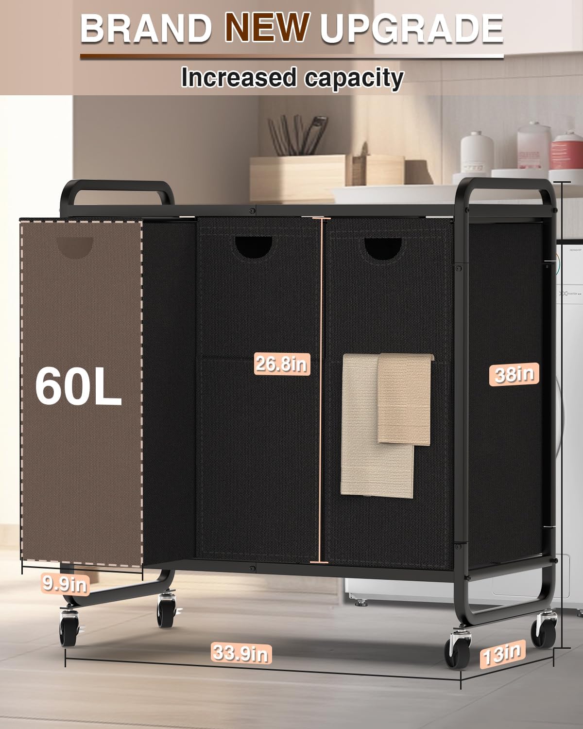 Laundry Sorter 3 Section,Laundry Basket with Wheels,3×15.8 Gal (60L) Black