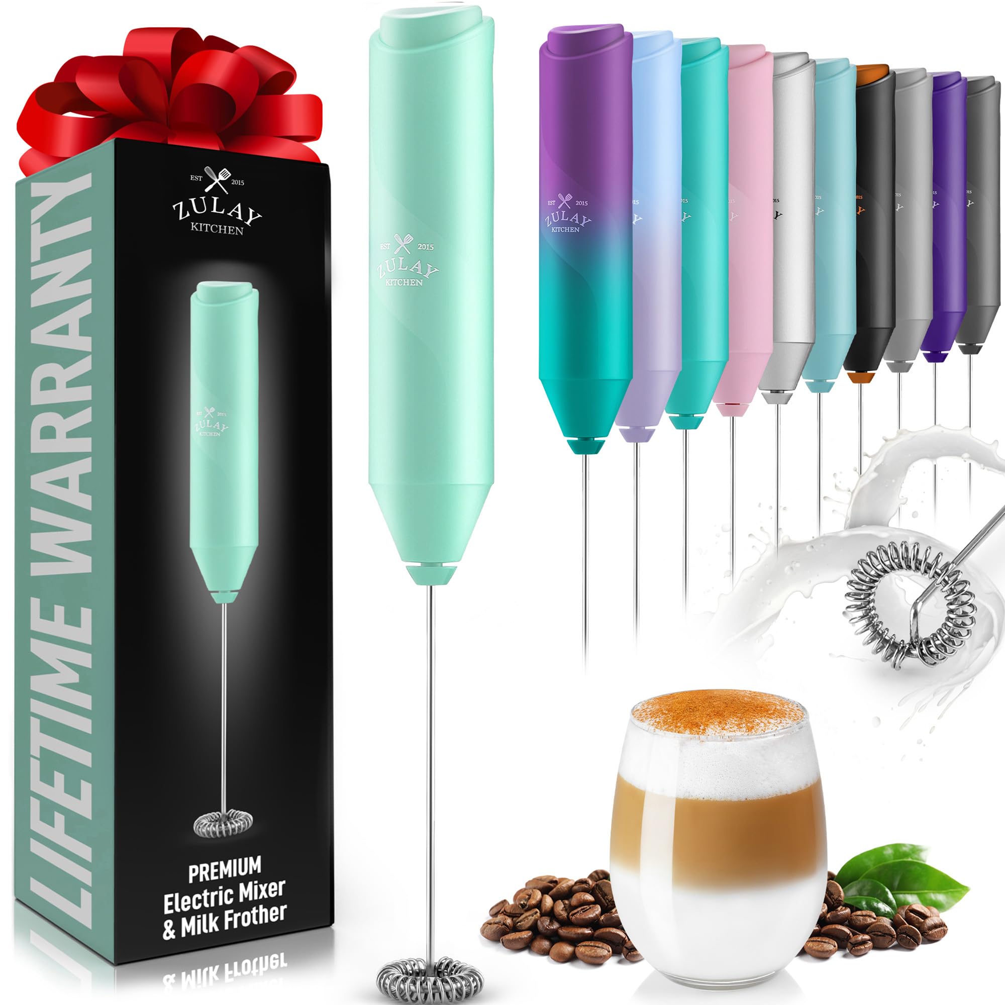 Zulay Kitchen Powerful Milk Frother Wand - Mini Handheld Stainless Steel - Battery Operated Drink Mixer for Coffee, Lattes, Cappuccino, Matcha - Froth Mate Gift - Fresh Mint