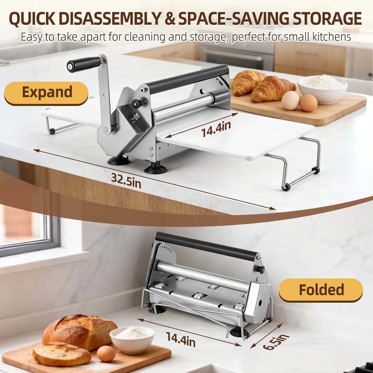 Sfogliatrice manuale per impasto, design pieghevole compatto, spessore regolabile per cottura e pasticceria, struttura in acciaio inossidabile