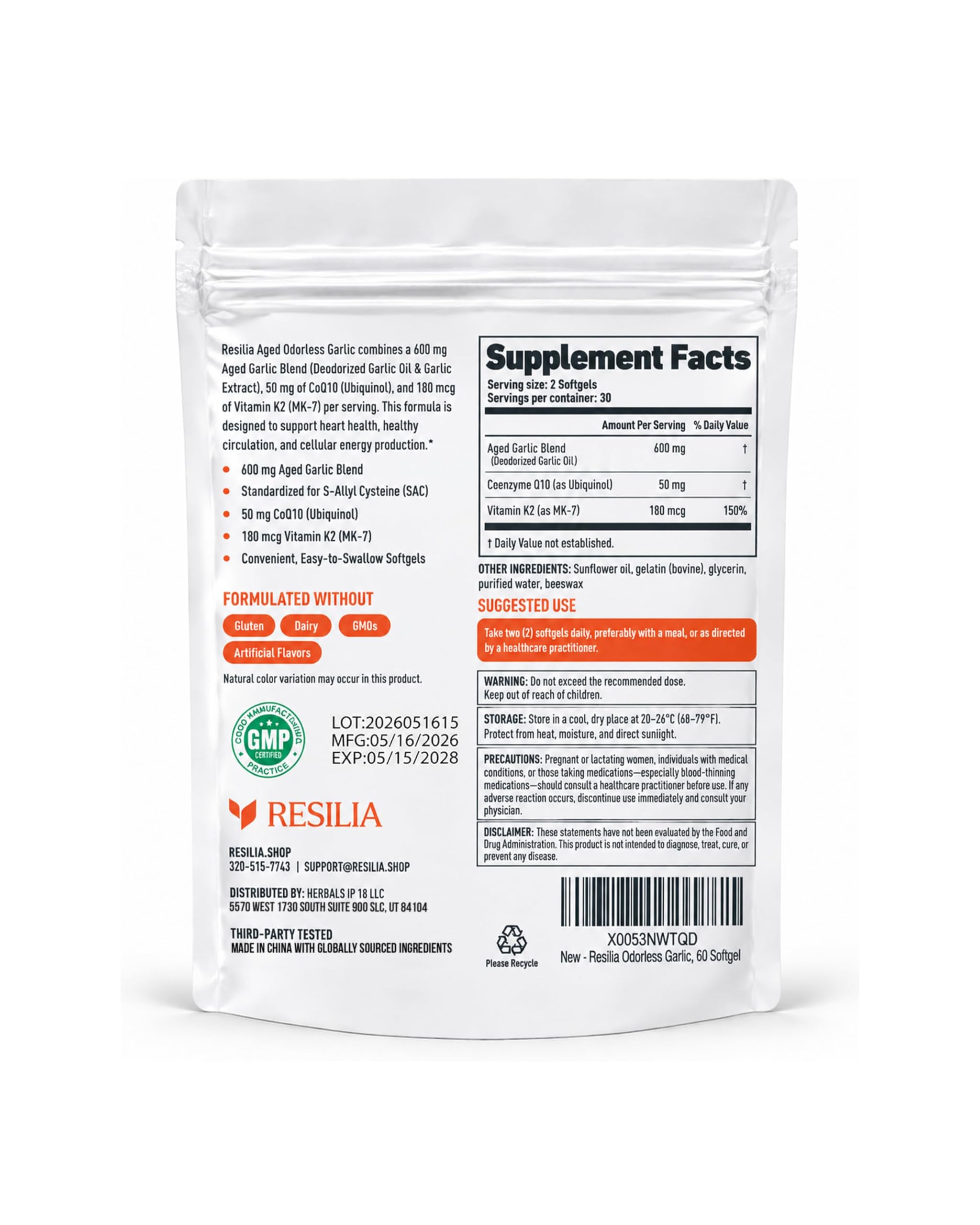 Resilia Odorless Aged Garlic Softgels (60 Count) — Amazon image 2