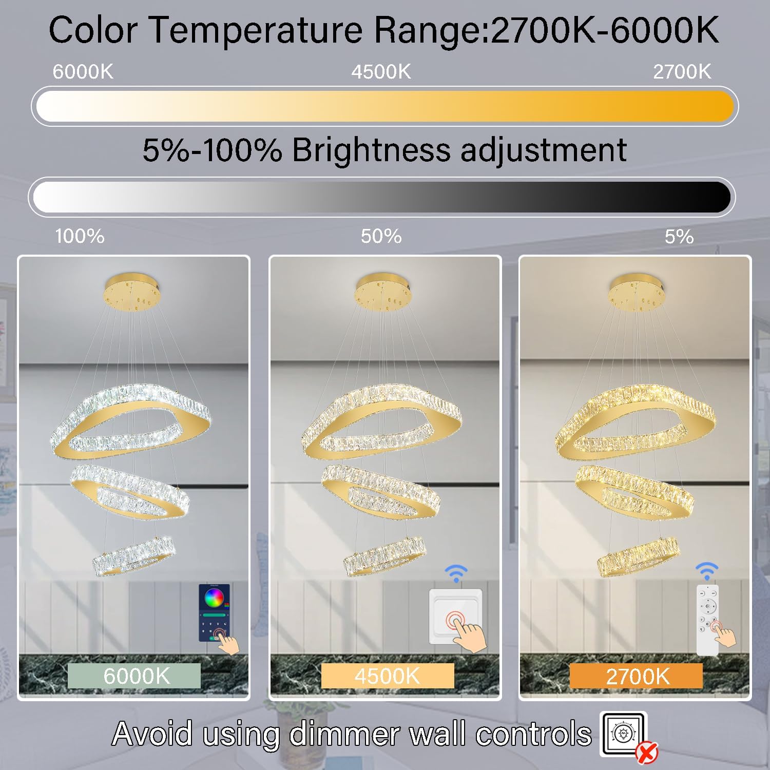 Modern Led Gold Chandelier Adjustable 3 Rings Crystal Chandelier for Living Room Foyer Stairwell Lighting High Ceiling Light Dimmable 2700K-6000K