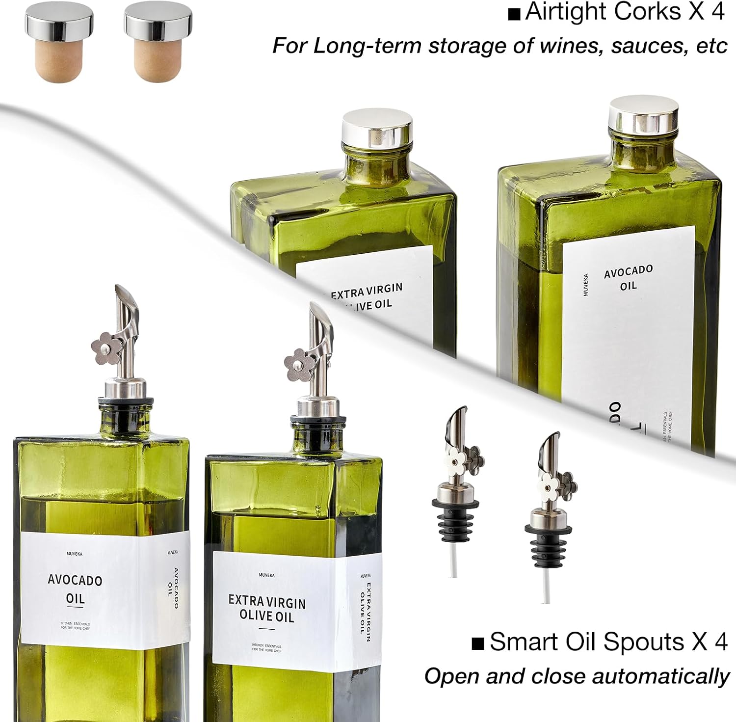 Olive Oil Dispenser Bottle for Kitchen, 16.9oz /500ml Cooking Vinegar Dispenser Bottle Set, Glass Sauce Container, Labels, Brush, Funnel, Stoppers, Green for Oil, Wine image 4