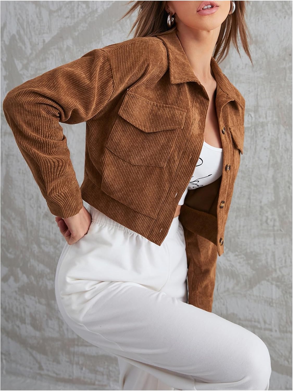 Floerns Women's Western Corduroy Jacket Button Down Collared Crop Top Outerwear - Image 2