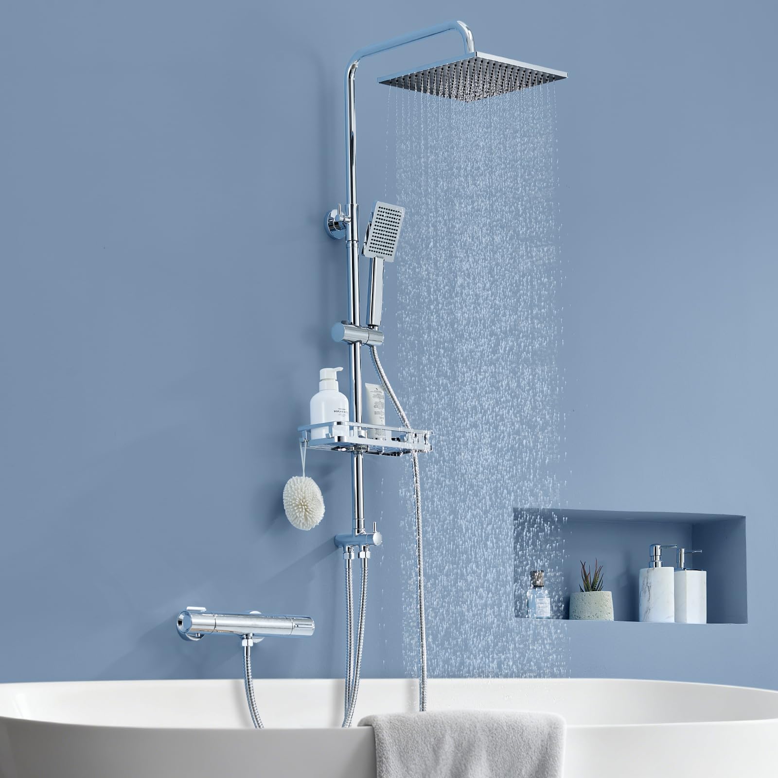 Auralum Colonna Doccia con Miscelatore Termostatico e Mensola Doccia XXL, Colonna Doccia Fori Muro Regolabili con Soffione a Pioggia Quadrato 25cm, Asta Doccia Altezza Regolabile 72-110cm, Cromo