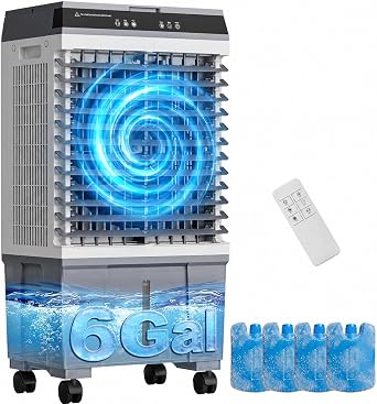 Portable Evaporative Air Cooler, 1800CFM Swamp Cooler with 6 Gallon Top Fill Tank, 4 Ice Packs, 120 Oscillation, 3 Speeds, 12 Hour Timer, Remote, for Home Office Bedroom