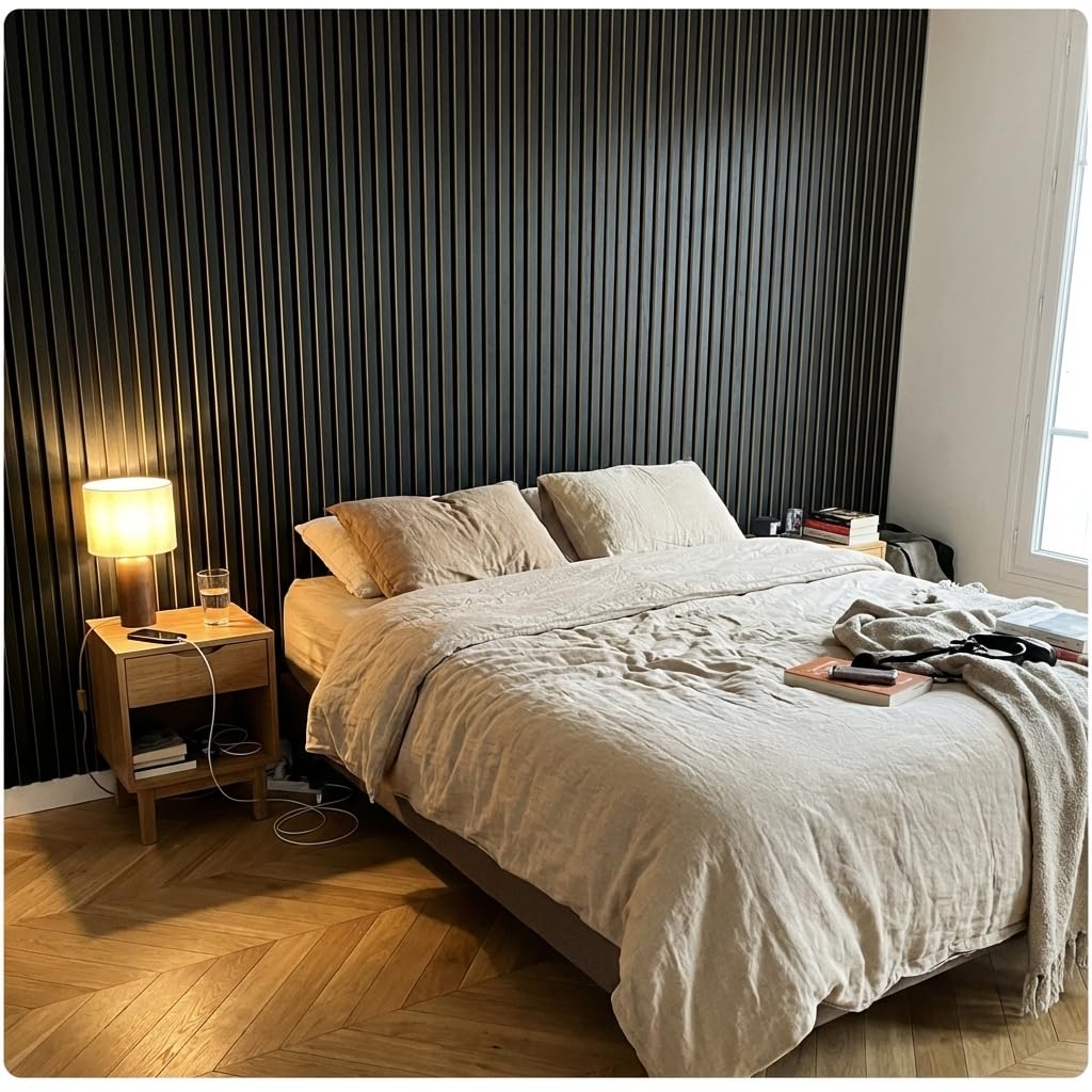 Panneaux Acoustiques Tasseaux Bois – Noir Mat – 240 x 60 cm – 11 mm – Lot de 4 – 5,76 m² – Décoration Murale & Isolation Phonique