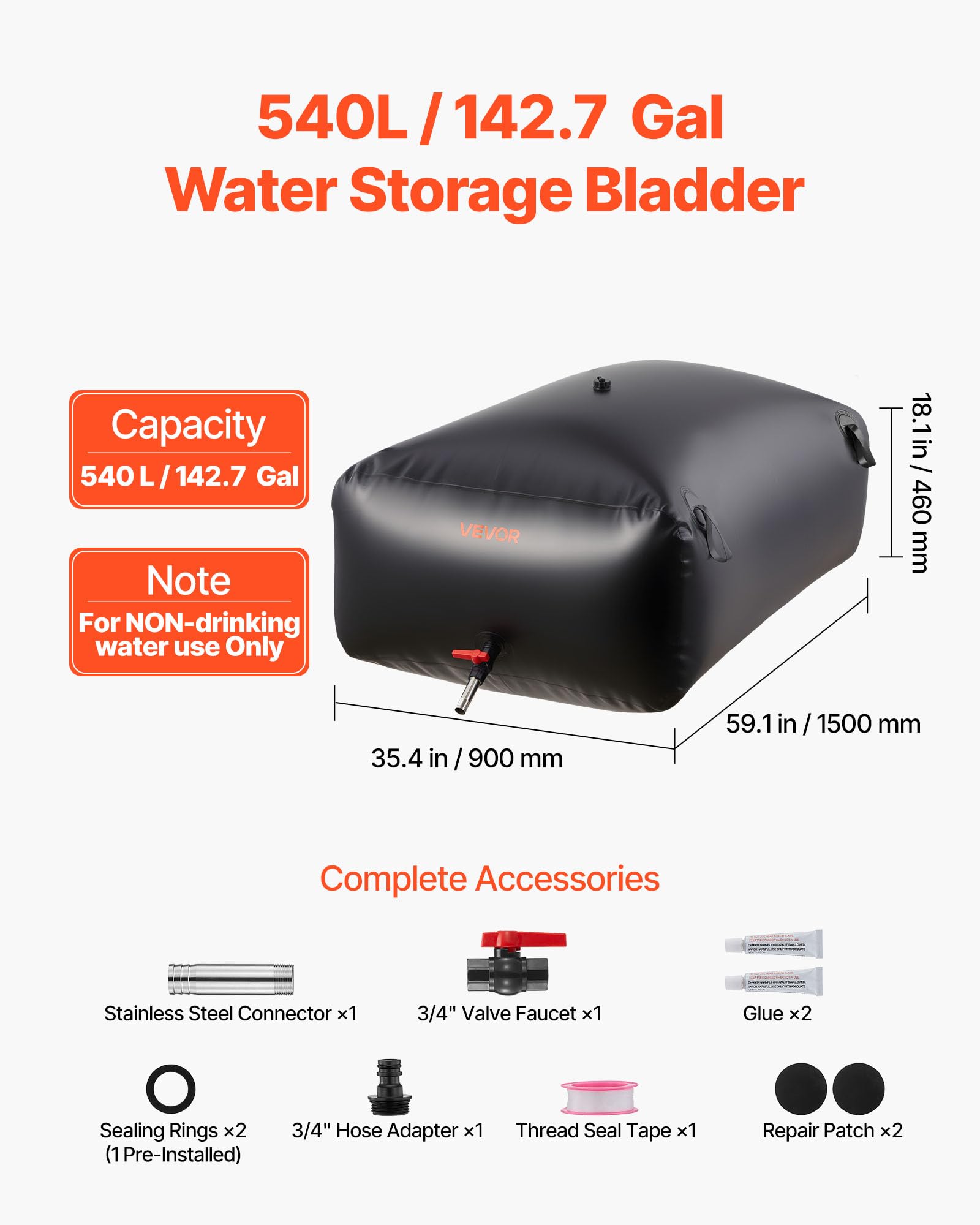 VEVOR Sacca di Stoccaggio dell'Acqua, Capacità 540 L, Contenitore per Acque Dolci Portatile, Serbatoio di Stoccaggio di Emergenza per Acque in PVC a Prova di Perdite e Antistrappo per Camper