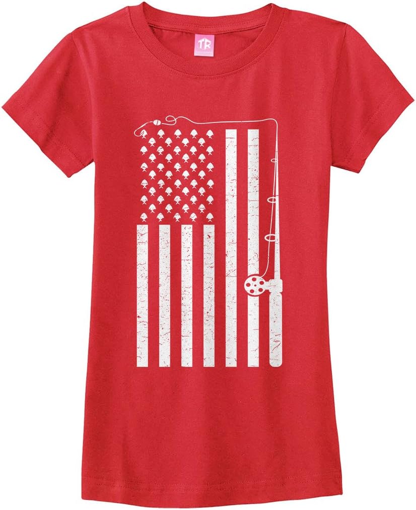 Threadrock Big Girls' Fishing American Flag Fitted T-Shirt