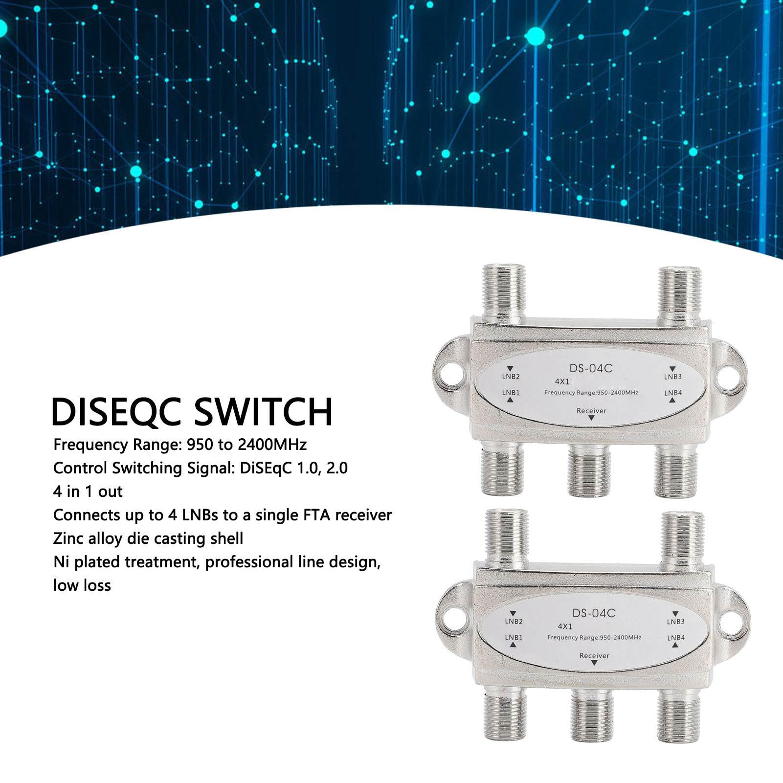 2Pcs Satellite Signal Switch Splitter, 4x1 DiSEqC Switch with High Isolation Broadband, 75? Port Impedance, 20dB Isolation