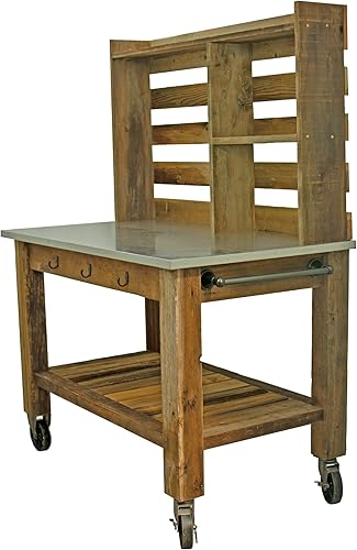 Banco de macetas con ganchos de hardware y barra de toalla, mesa de bufé, banco de trabajo para isla de patio, muebles de jardín, carrito rodante de