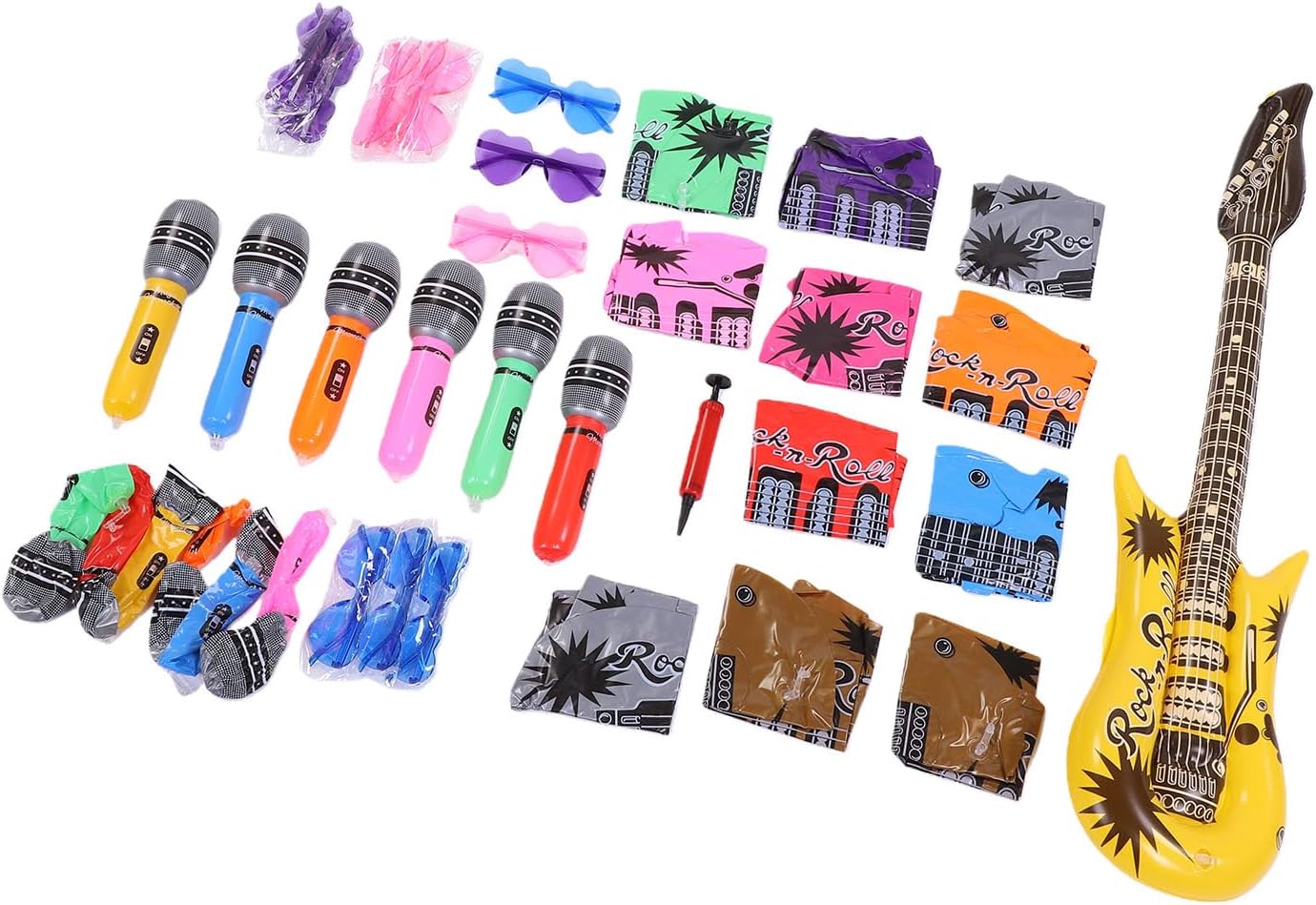 Rosvola 37 Pcs Inflatable Toy Set, Include 12 Microphones Inflatable Guitars 12 Colorful Heart Shaped Sunglasses and 1 Inflator for Musical Concert Themed Party Decoration