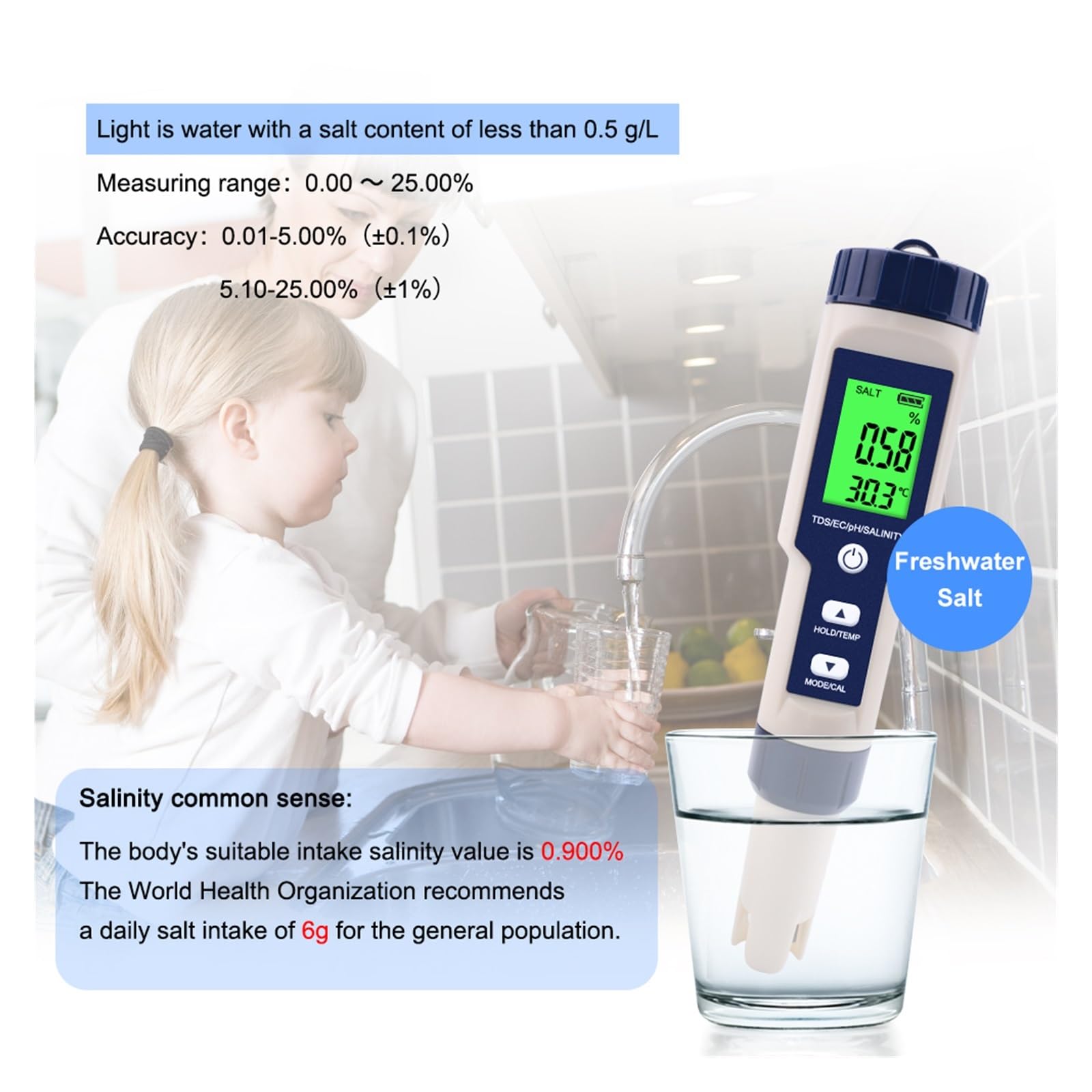 5 in 1 TDS/EC/PH/misuratore di Salinità/Temperatura Digitale Tester Monitoraggio della qualità Acqua for Piscine, Potabile, Acquari Rilevamento Rapido E Preciso(Probe)
