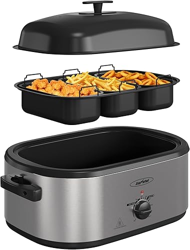 Sunvivi Horno asador eléctrico de 24 cuartos de galón con tapa autohilvanado, 3 compartimentos y función de mantener el calor, control de