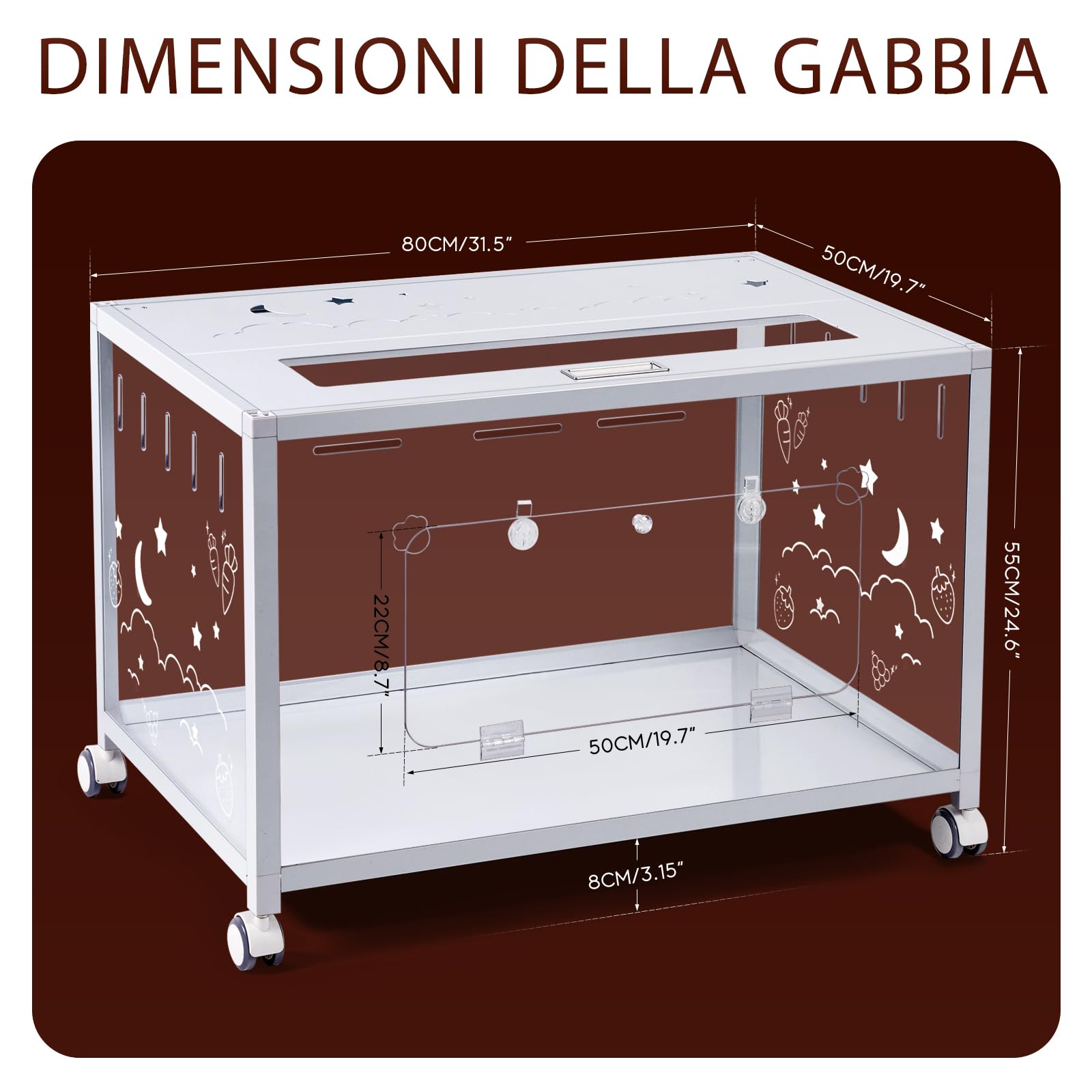 Grande gabbia per criceti in metallo, 80 x 50 x 55 cm, gabbia per roditori con ruote, stabile, bianca | Recinto per piccoli animali per conigli, criceti dorati, rimovibile, trasparente, facile da pulire