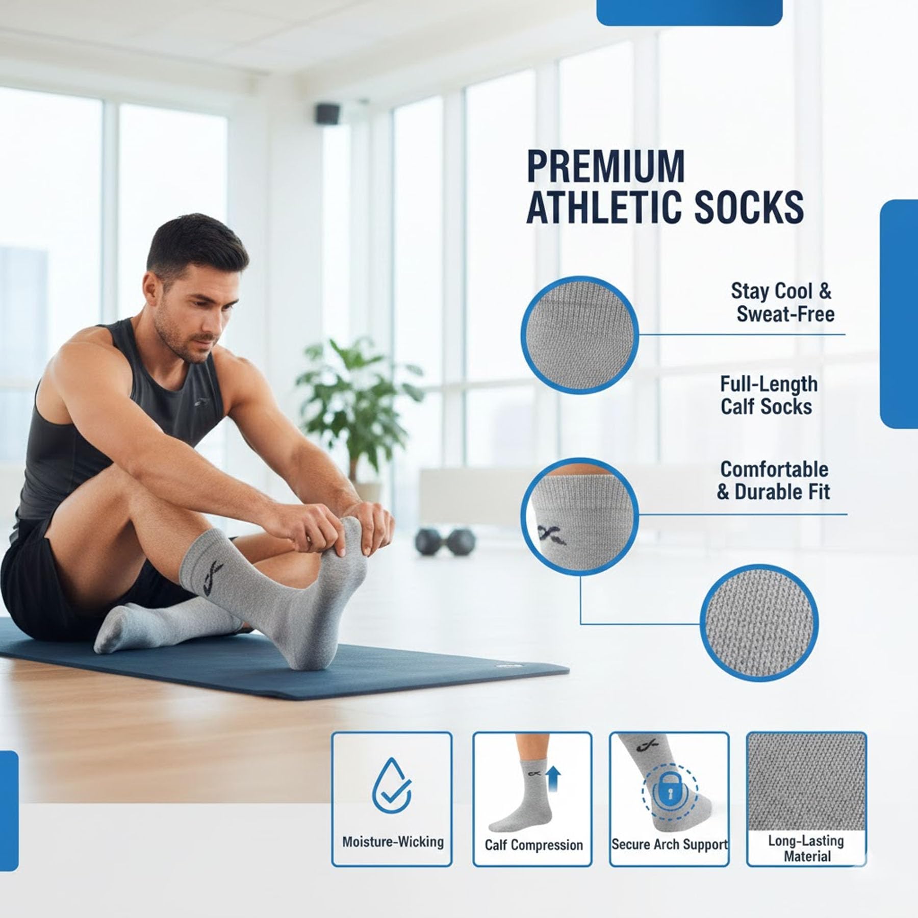XJARVIS ® Texas - Calcetines de alta calidad para hombre, de algodón peinado, de longitud completa, para verano, sin olor y comodidad transpirable, talla única, color blanco, gris y negro