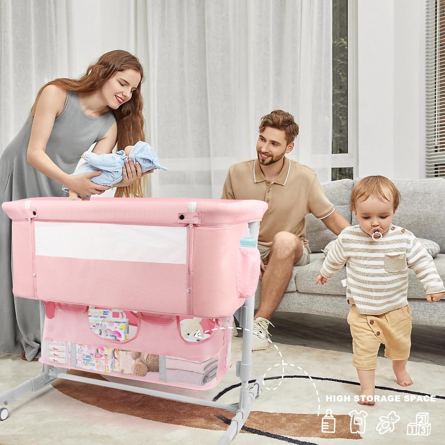 4-in-1 Bedside Bassinet for Baby, Convertible Crib with Mosquito Net & Diaper Changing Station, Portable Sleeper w/Mattress & Travel Bag (Pink)