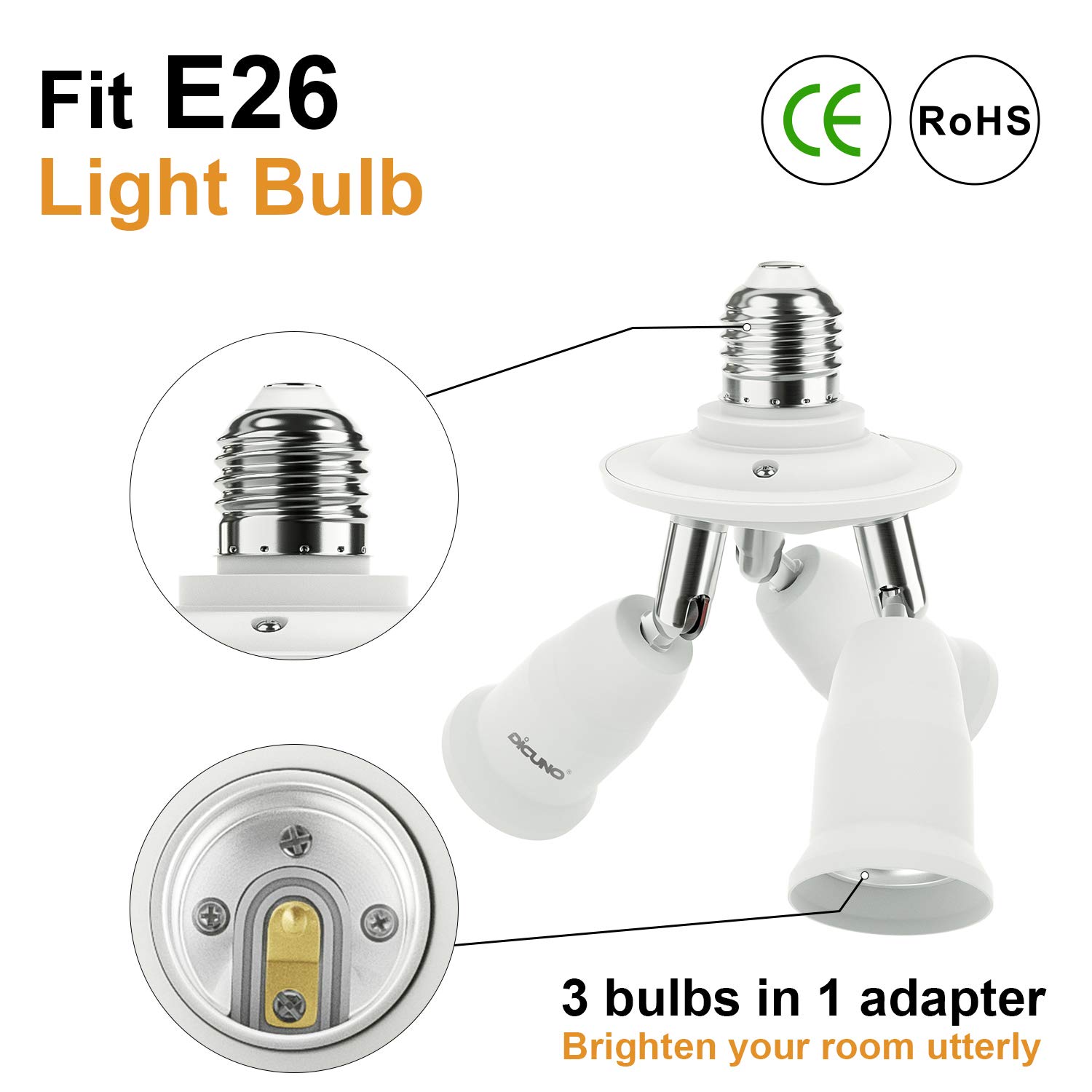 DiCUNO 3 in 1 E26 Light Socket Splitter Adapter, Standard Base LED Bulb Converter, 360 Degrees Adjustable 180 Degree Bendable, 3 Way Bulbs Socket Holder