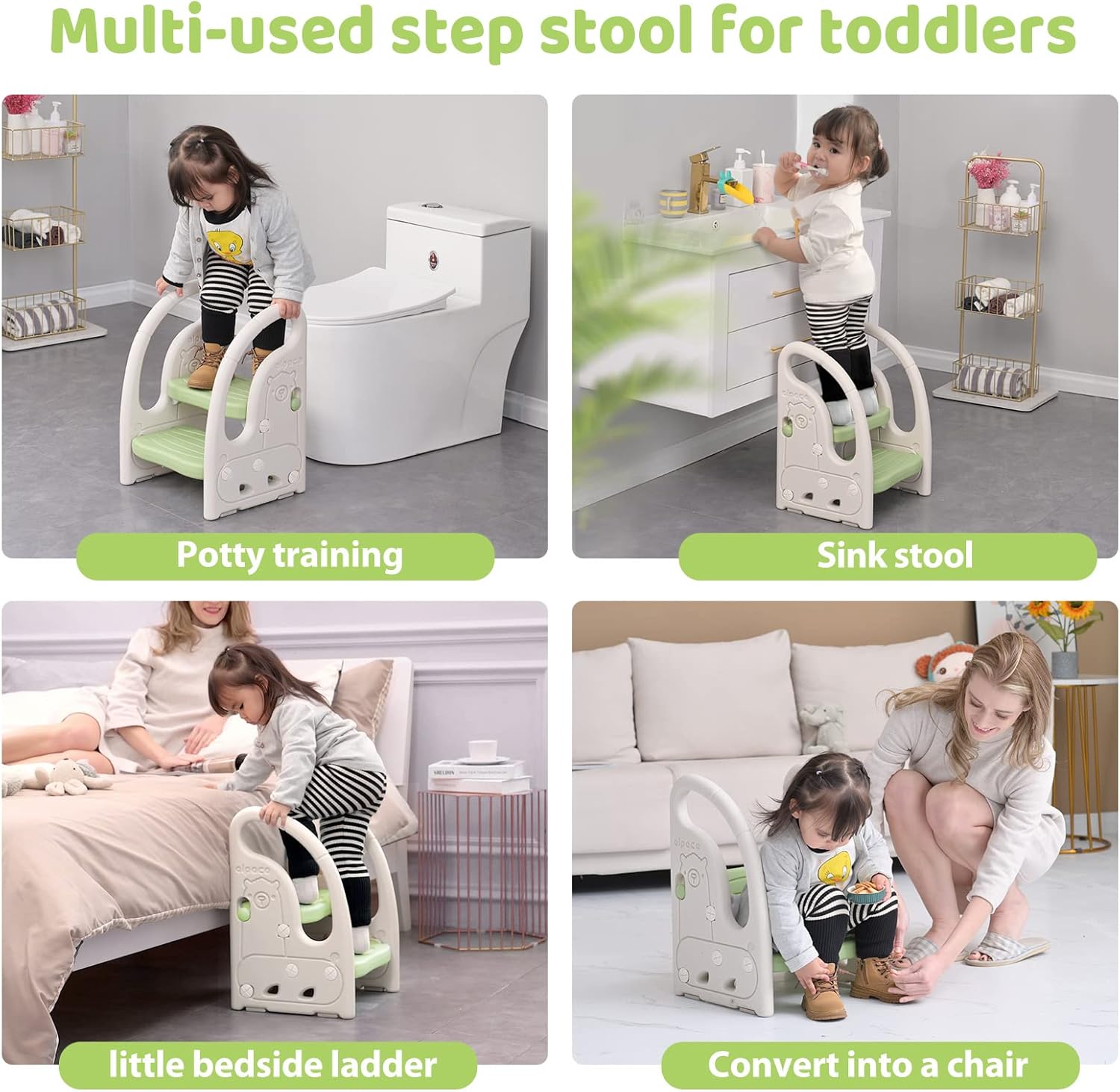 Onasti Toddler Step Stool for Bathroom Sink, Adjustable 2 Step Stop for Kids with Handles, Toilet Stool Potty Training, Plastic Ladder Toddler Helper Stool for Bedroom Kitchen Counter Green White