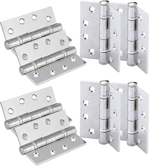 XFORT 4 Inch (100mm) Polished Chrome Ball Bearing Hinges, Steel Door Hinge for Wooden Doors (4 Pairs)