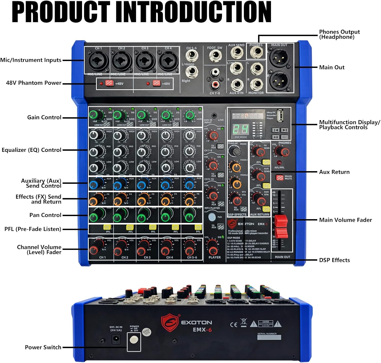 EXOTON Professional Audio Mixer Console, 6 Channel with USB, Bluetooth, MP3 Input, 48V Phantom Power, Ideal for Studio, Live Performance, and DJ Use