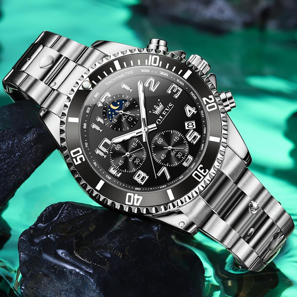OLEVS Reloj de Pulsera para Hombre, cronógrafo, de Lujo, Fase Lunar, de Acero Inoxidable, Resistente al Agua, Luminoso, Calendario de Negocios, Reloj de Pulsera