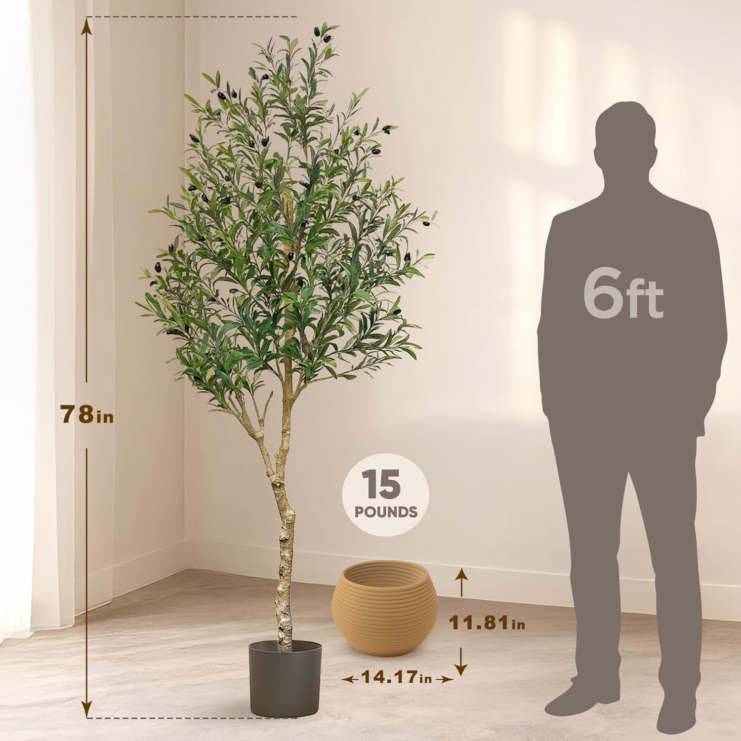 6.5FT Faux Olive Tree - Fake Olive Tree - Olive Trees Artificial Indoor with Decorative Pot for Home, Fake Trees, Office and Indoor Decor - Lifelike Greenery