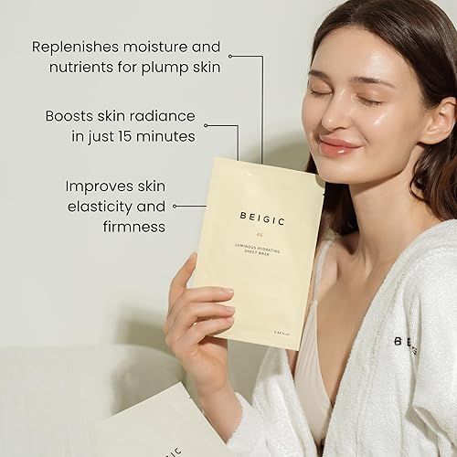 Miniatura 2 de BEIGIC Máscara hidratante luminosa en láminas, paquete de mascarilla hidratante y reafirmante vegana con péptidos, vitamina C y niacinamida para