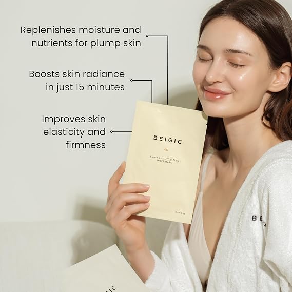 BEIGIC Luminous Hydrating Sheet Mask - Vegan Moisturizing Firming Face Mask Pack with Peptides, Vitamin C & Niacinamide for Dewy Glass Skin (0.84 fl oz)