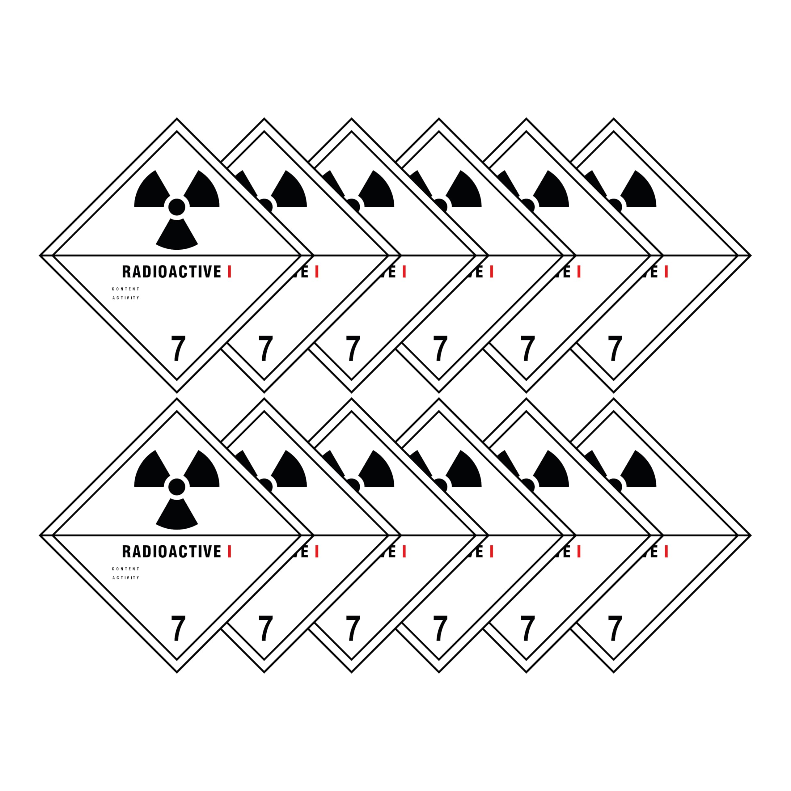 Radioactive I 7 Hazard Diamond Multi Pack 100mm x 100mm Strong Adhesive Vinyl Stickers for Safety (12)