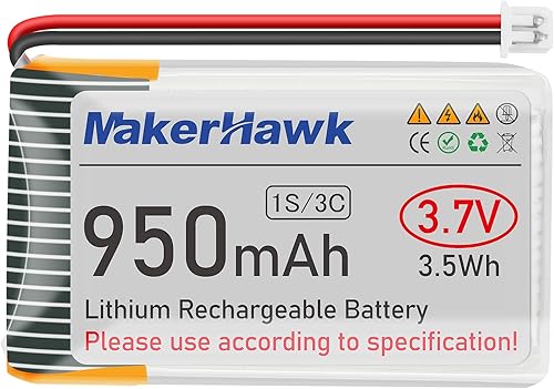 MakerHawk Batería LiPo de 3.7 V 950 mAh recargable 1S 3C batería de polímero de litio con placa de protección cinta de goma aislada, enchufe micro
