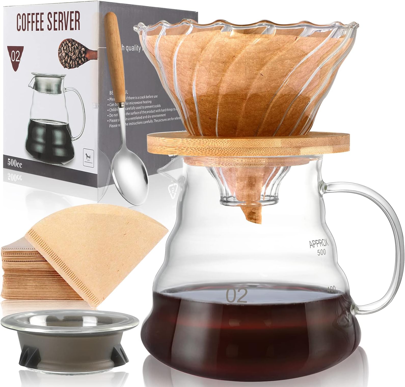 SuproBarware Pour Over Coffee Maker Set - Glass Dripper, Coffee Pot with Handle, Includes Spoon & 40 Paper Filters