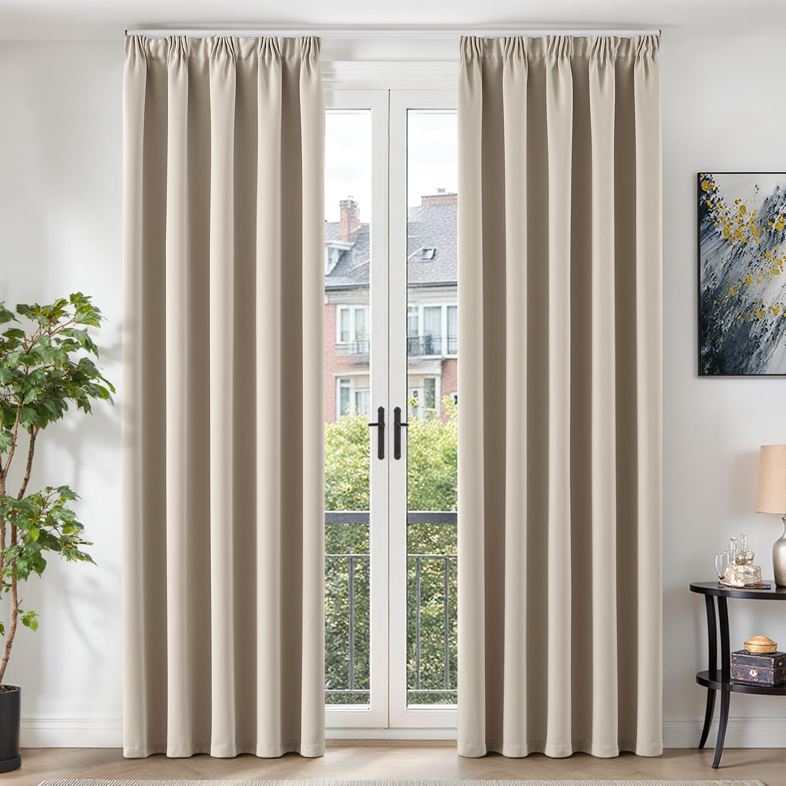 TOPICK Gardinen mit Kräuselband Wohnzimmer Vorhänge Blickdicht Verdunklungsvorhänge Blackout Curtains Living Room 245x140 cm 2er Set Vorhänge Schlafzimmer modern Gardinen für Schienensystem Beige