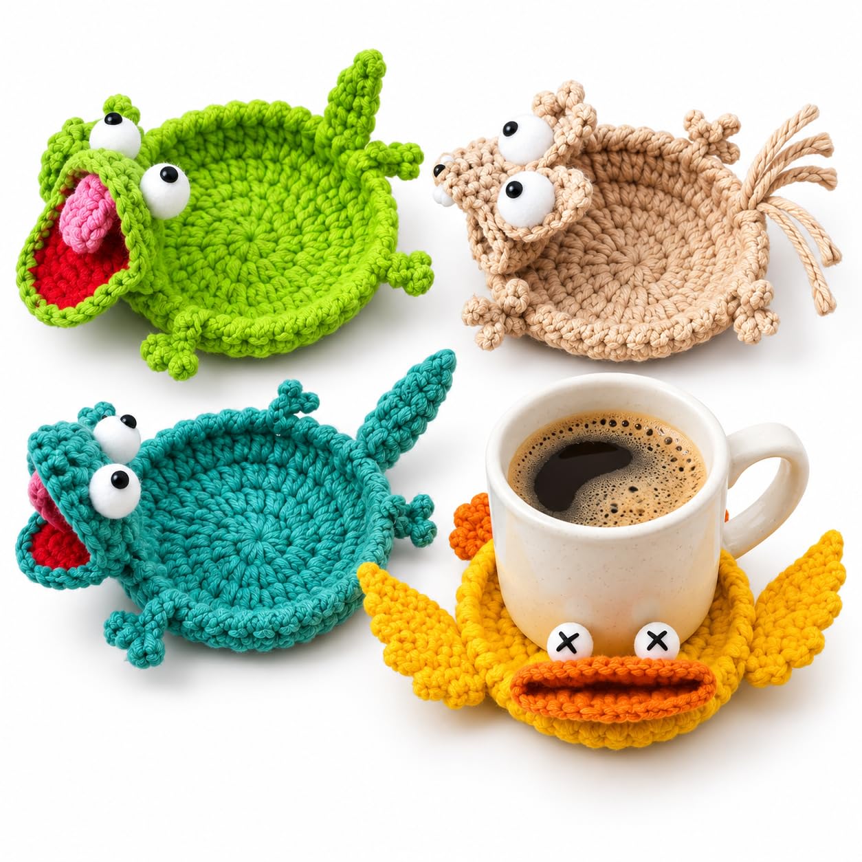 Kynoz 4 Pcs Funny Coasters, 3D Handmade Crochet Animal Cup Coasters
