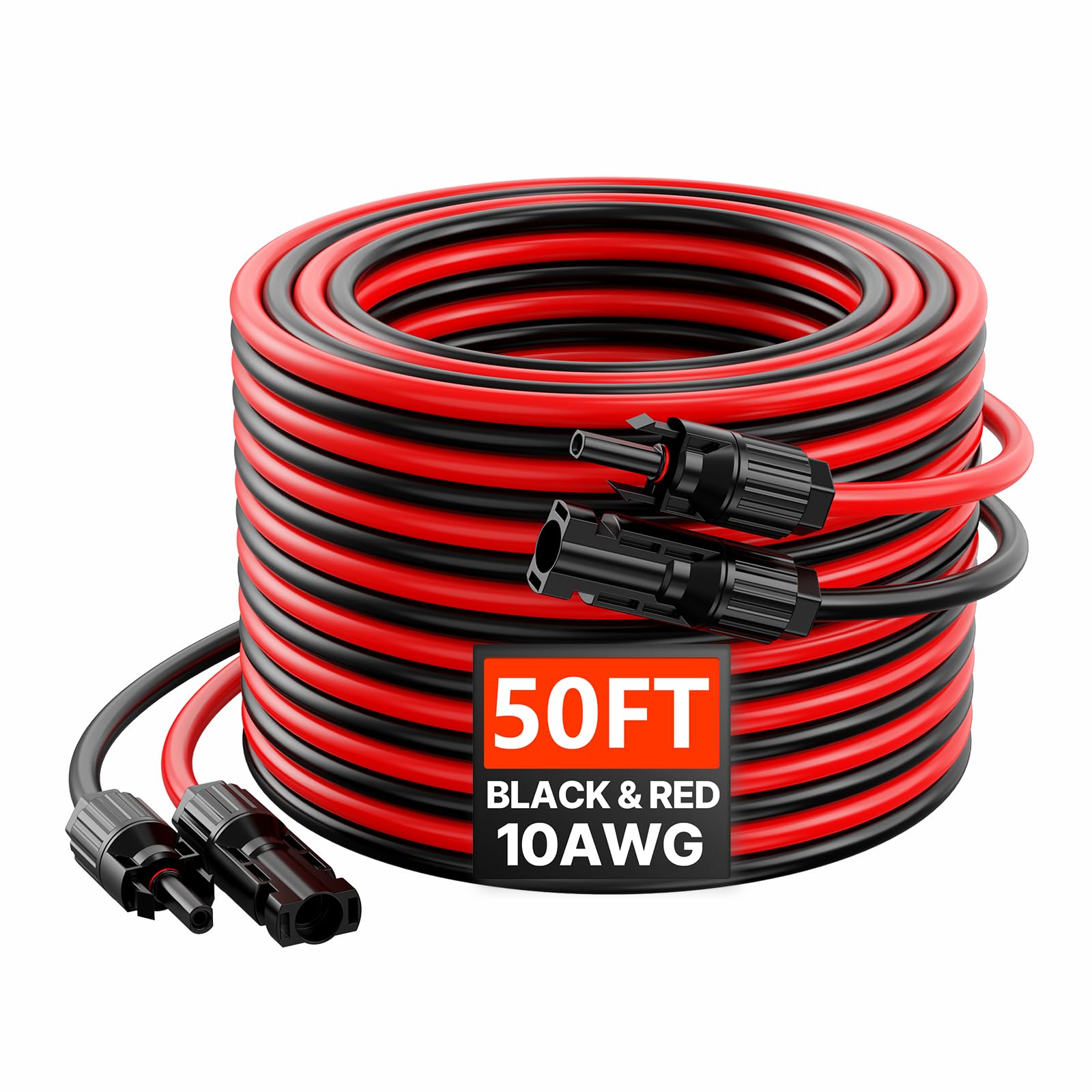 VEVOR 2 PCS Cable de Extensión para Panel Solar de 15,24 m, 10 AWG, Cable Fotovoltaico de 6 mm² con Conectores Hembra y Macho a Prueba de Agua para Paneles Solares Domésticos, de Barco, Negro y Rojo