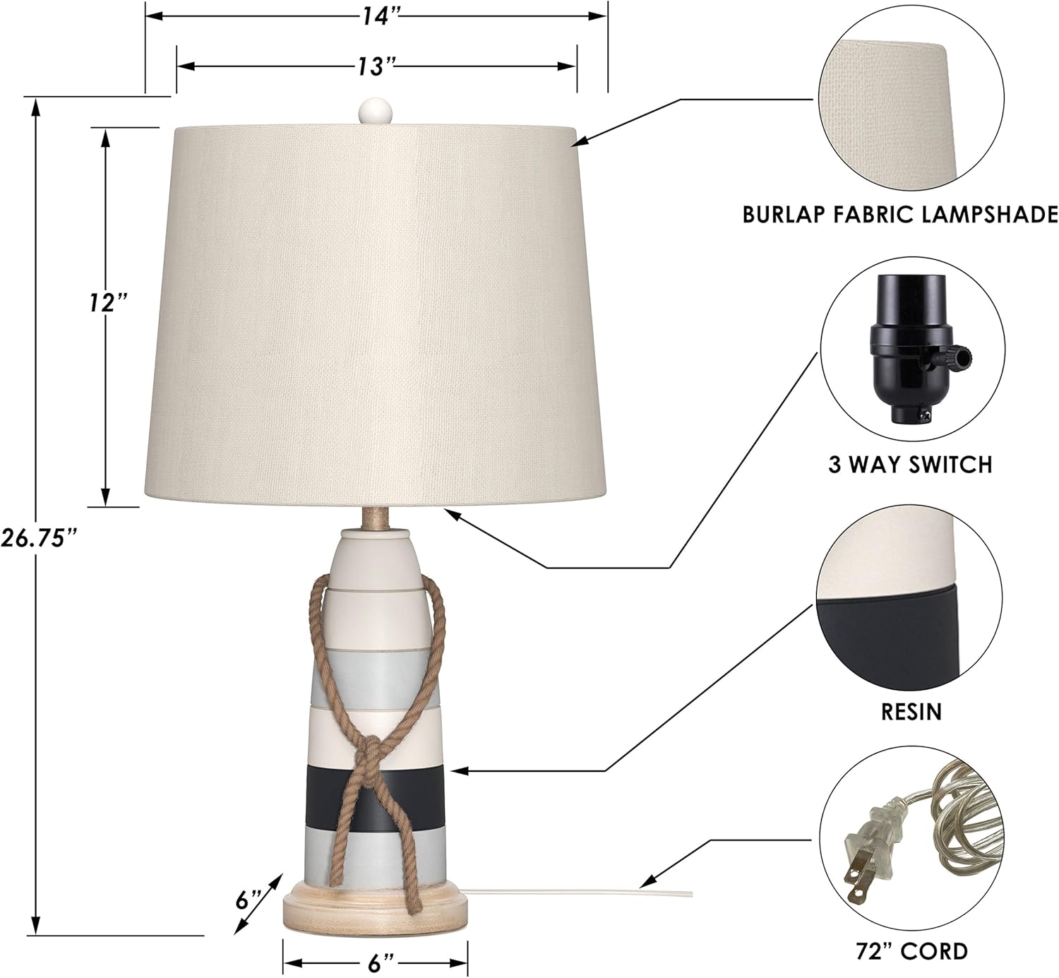 Sea Winds Trading Lux Lighting Buoy Coastal Table Lamps White and Blue (Set of 2) 3-Way Switch